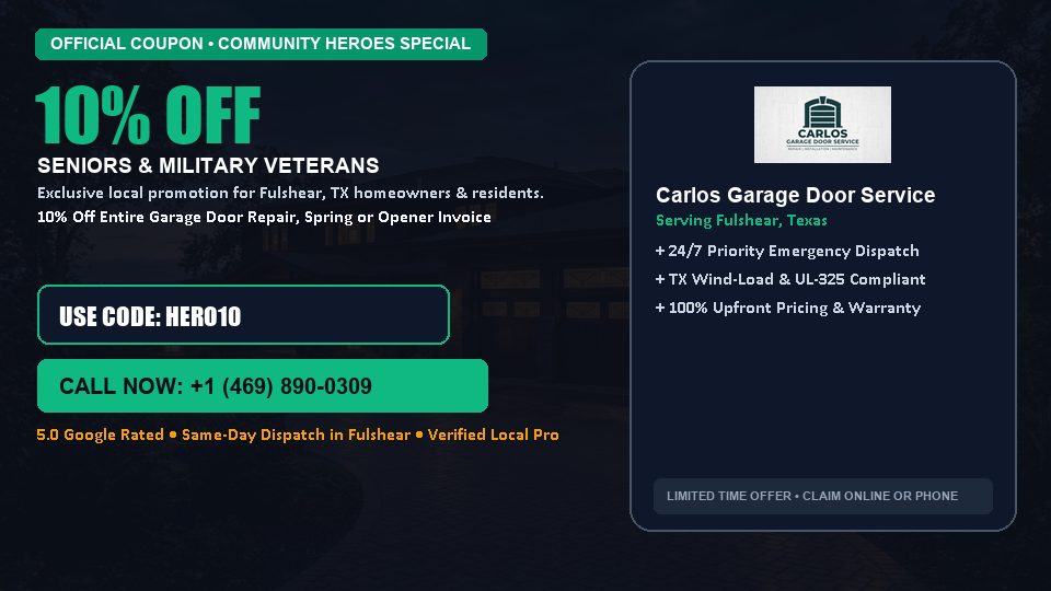 Carlos Garage Door Service 10% OFF Seniors & Military Veterans in Fulshear, TX